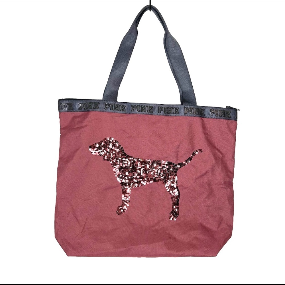 Victoria's Secret PINK‎ Bling Sequin Dog Zip Top Shoulder Tote Bag Soft Begoni